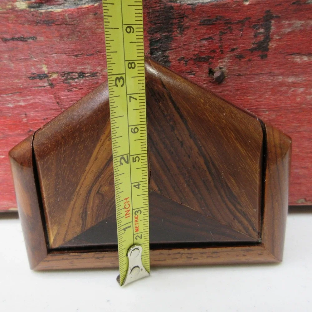 Vintage Geometric Wood Trinket Box Dark Light Brown Octagon Shape Felt Lined